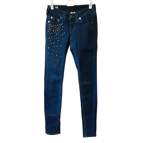 TRUE RELIGION Jeans Womens 24 Stella Skinny Dark Wash Low Rise Studded Gorpcore - Picture 1 of 6